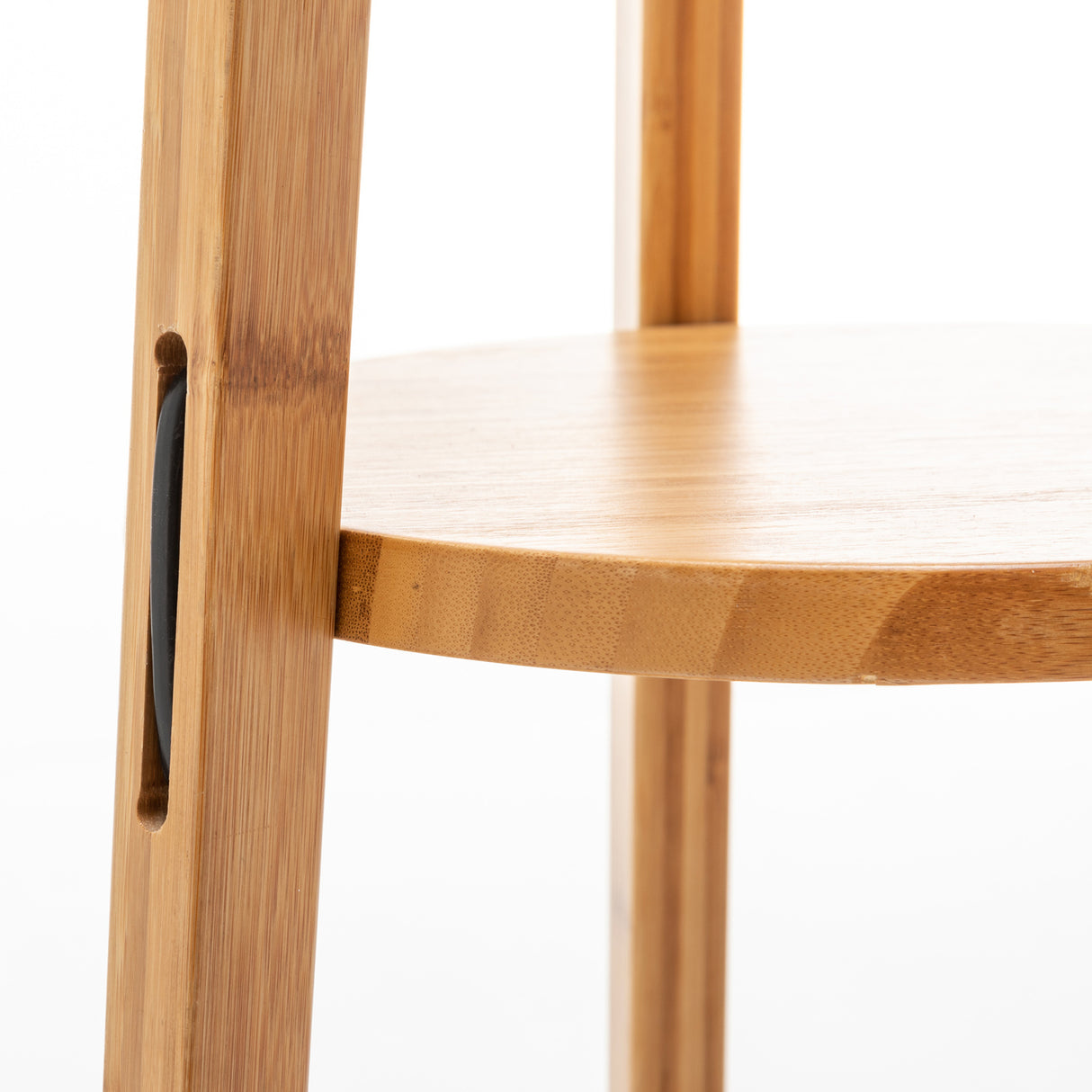 Bamboo tripod floor lamp with linen shade and storage shelves