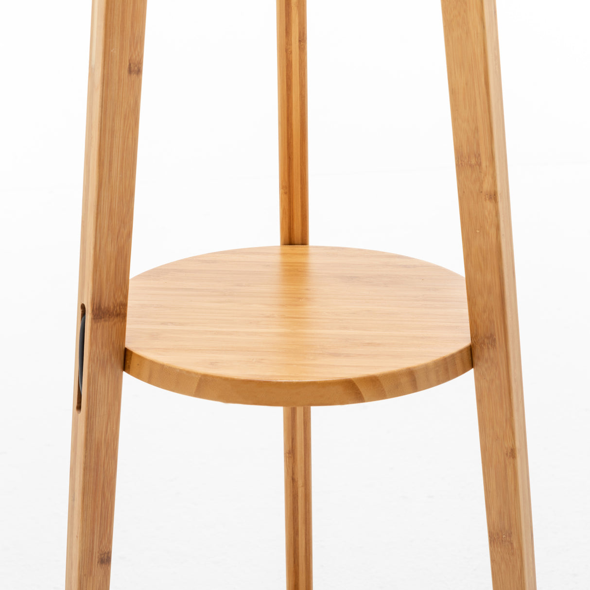 Bamboo tripod floor lamp with linen shade and storage shelves