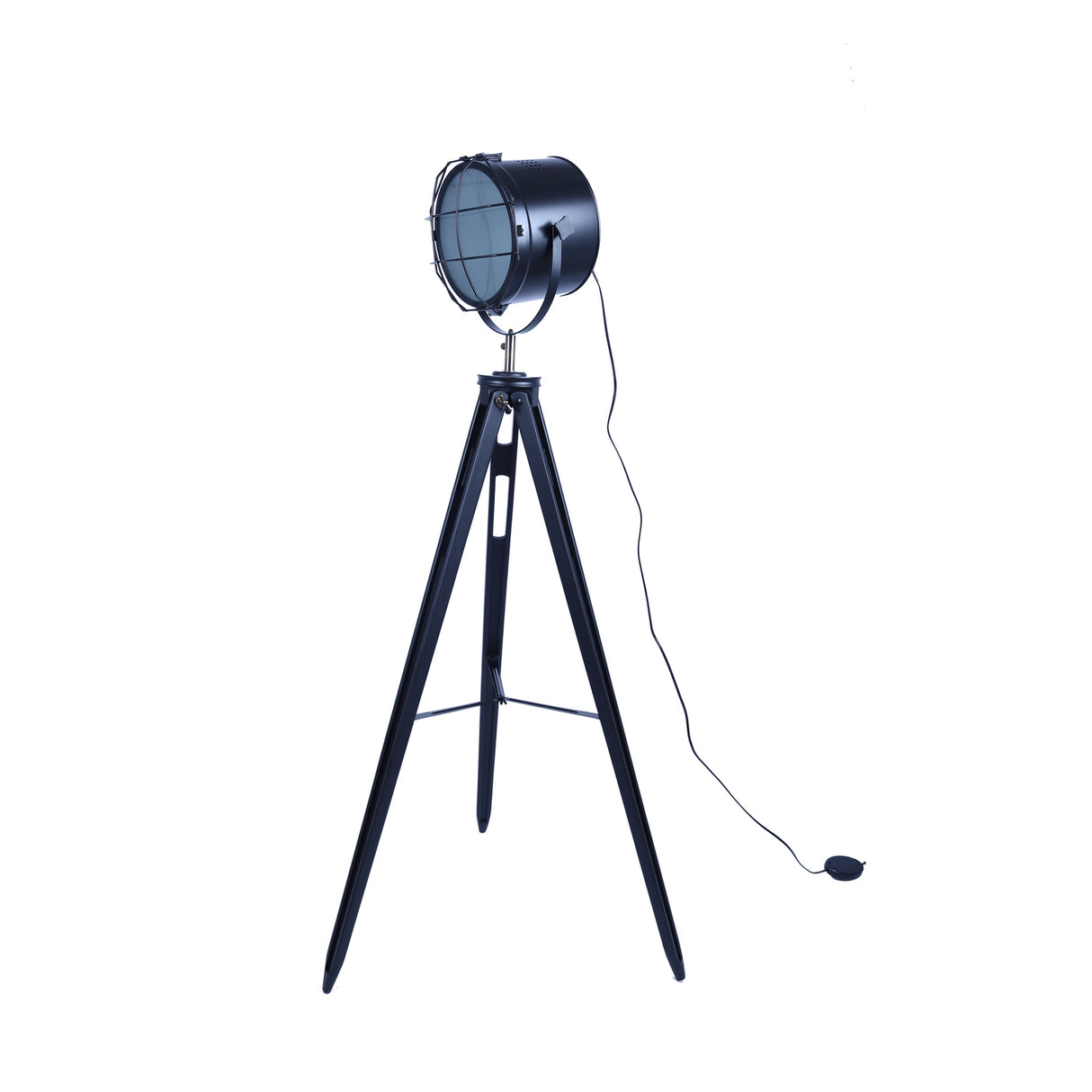 Nautical tripod floor lamp with adjustable matte black spotlight head