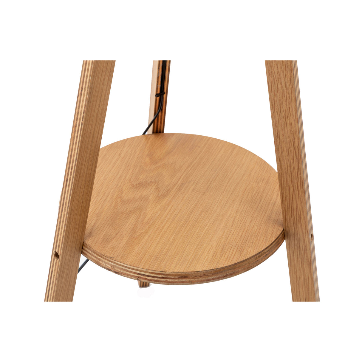 Natural wooden tripod floor lamp with round shelf and off white linen shade