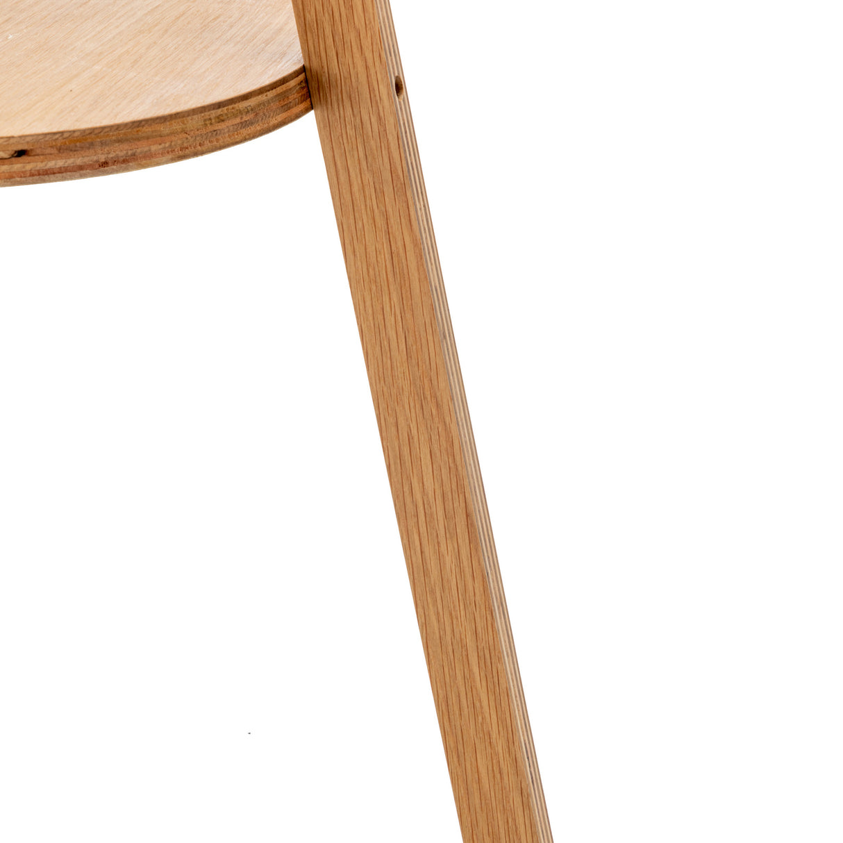 Natural wooden tripod floor lamp with round shelf and off white linen shade