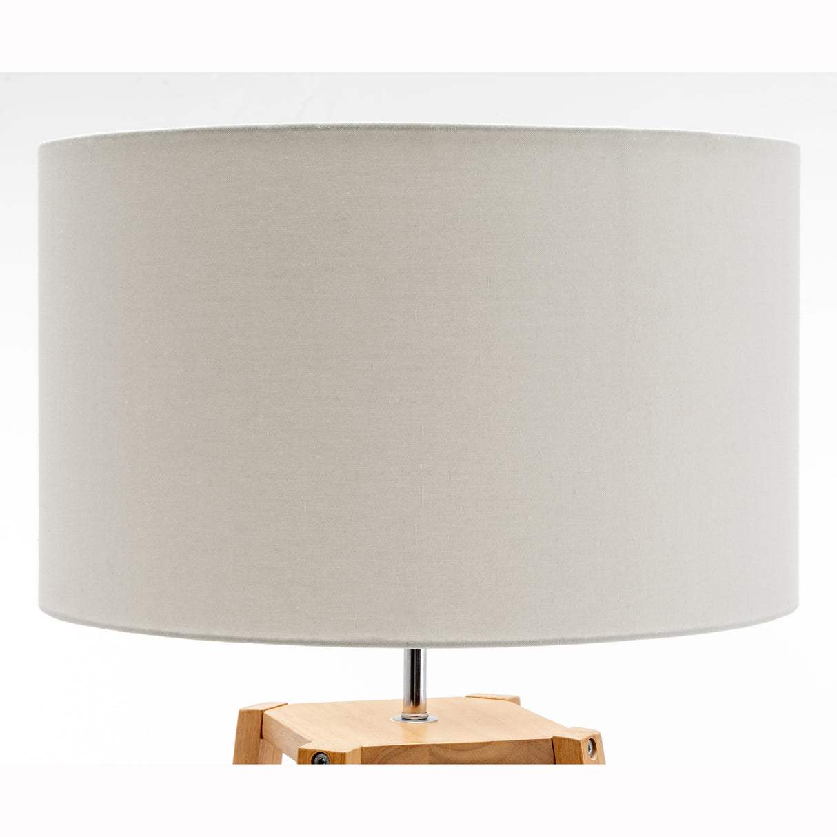 Three tier wooden floor lamp with storage shelves and white linen drum shade