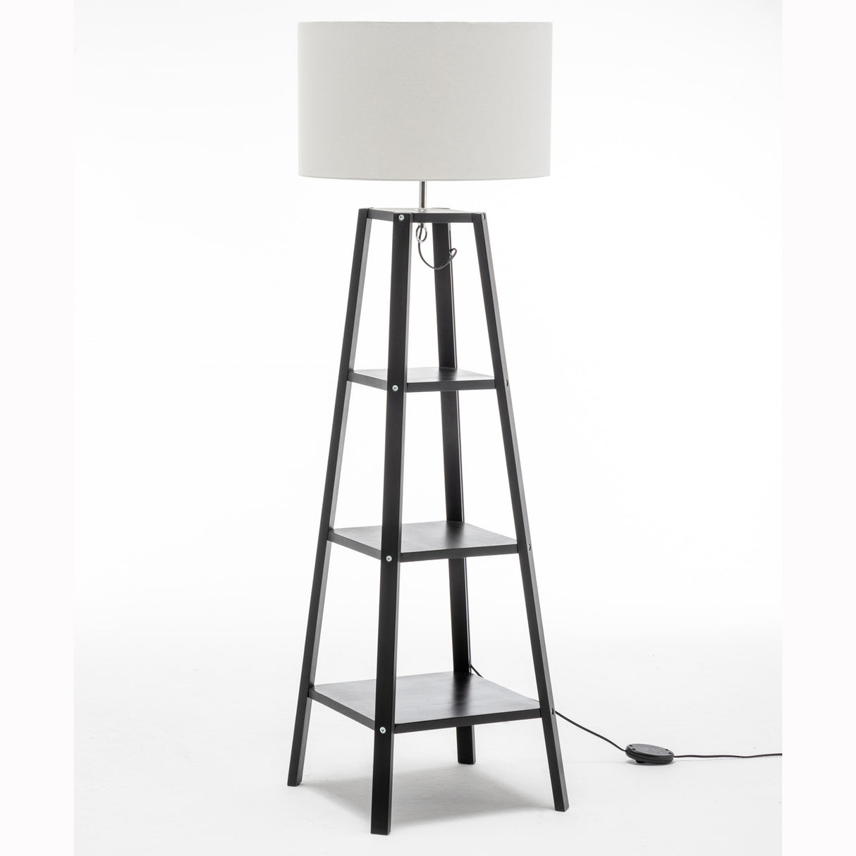 Three tier wooden floor lamp with storage shelves and off white linen shade