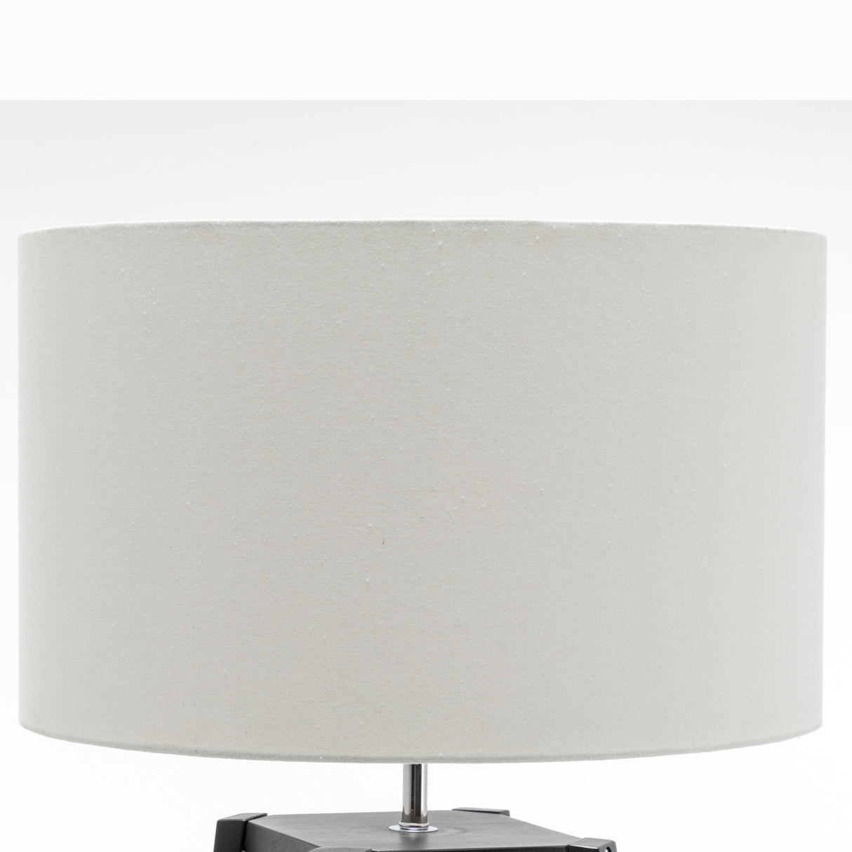 Three tier wooden floor lamp with storage shelves and off white linen shade