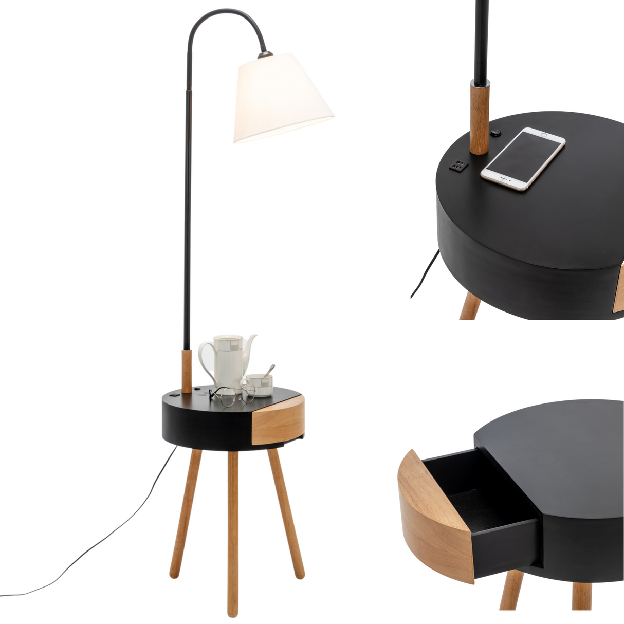 Tripod floor lamp with storage drawer, USB charger and off white linen shade