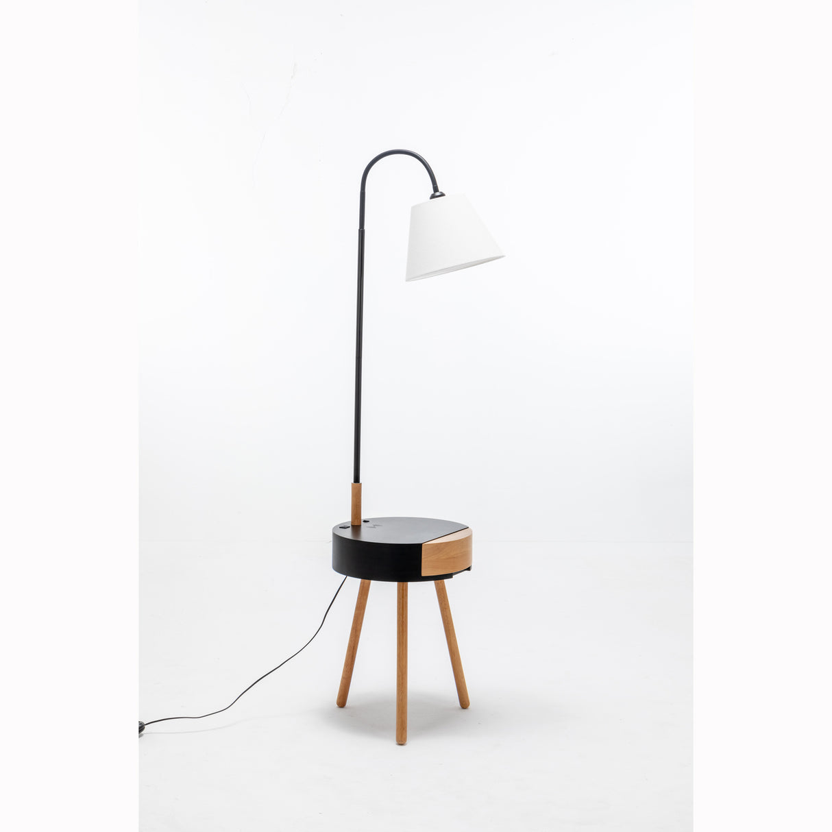Tripod floor lamp with storage drawer, USB charger and off white linen shade