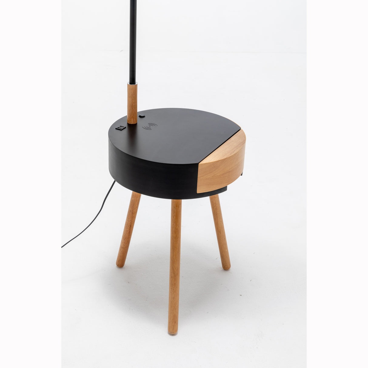 Tripod floor lamp with storage drawer, USB charger and off white linen shade