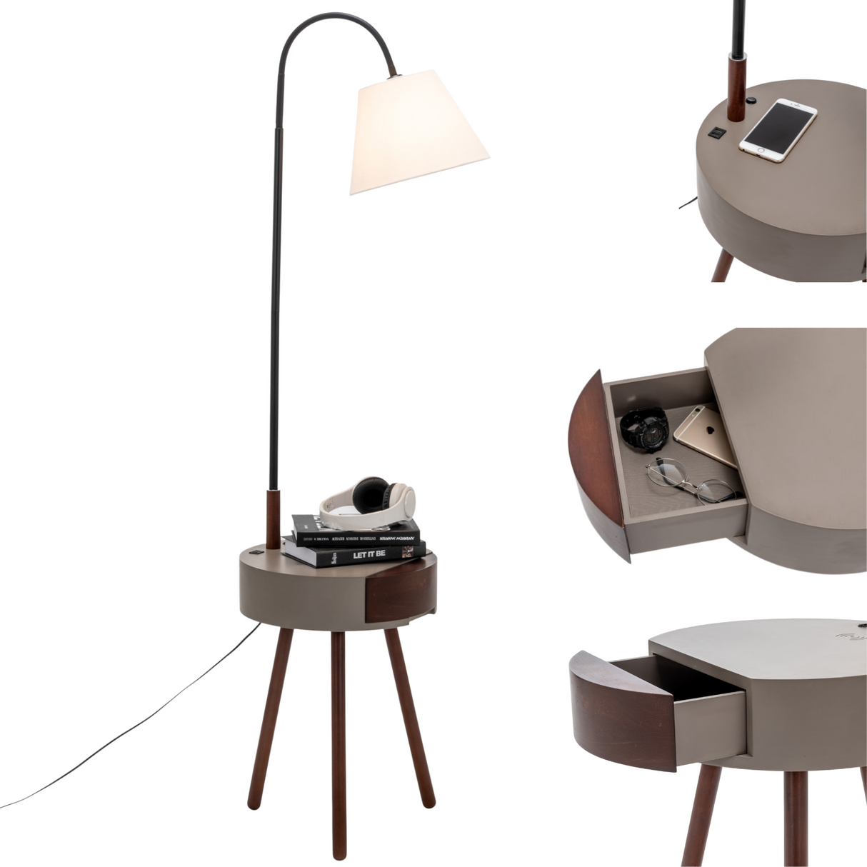 Tripod floor lamp with storage drawer, USB charger and off white linen shade