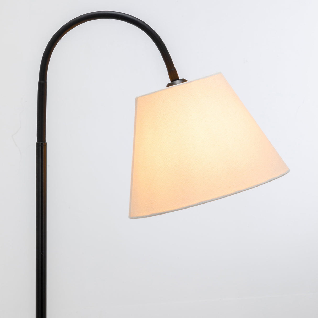 Tripod floor lamp with storage drawer, USB charger and off white linen shade