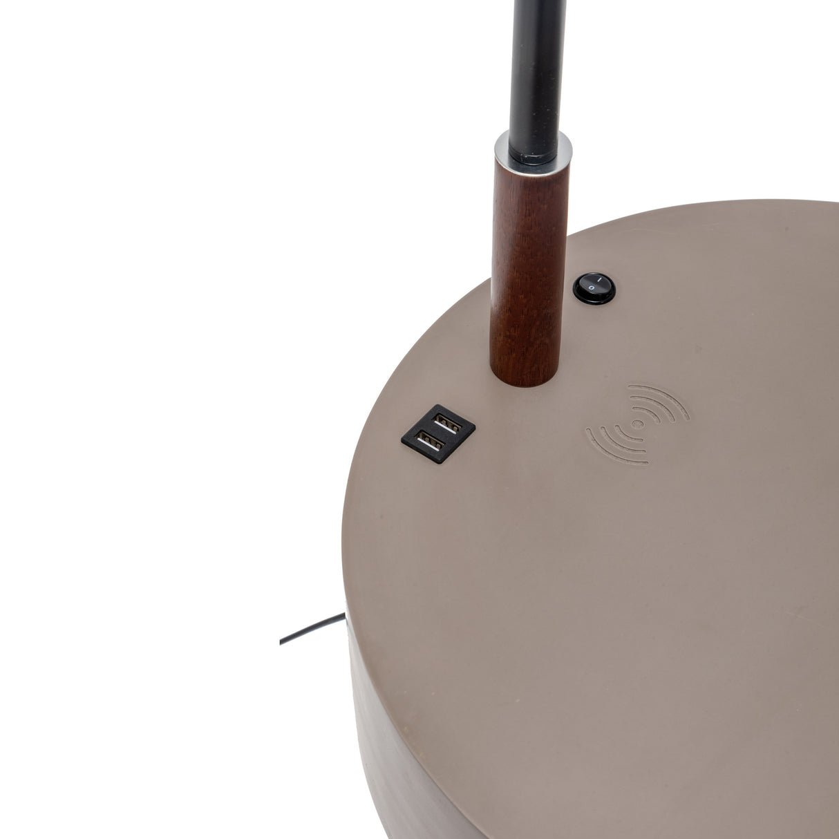 Tripod floor lamp with storage drawer, USB charger and off white linen shade