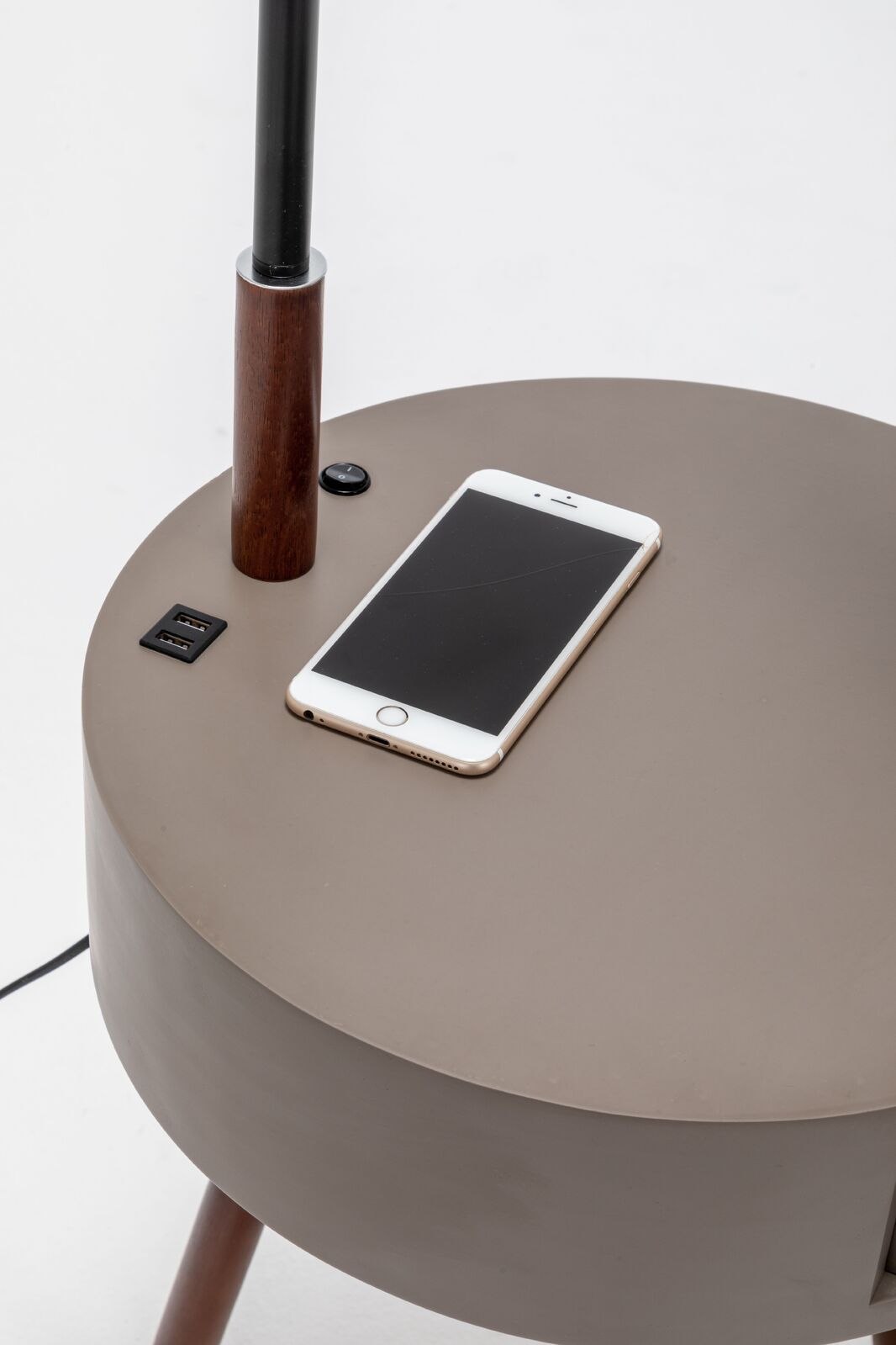 Tripod floor lamp with storage drawer, USB charger and off white linen shade
