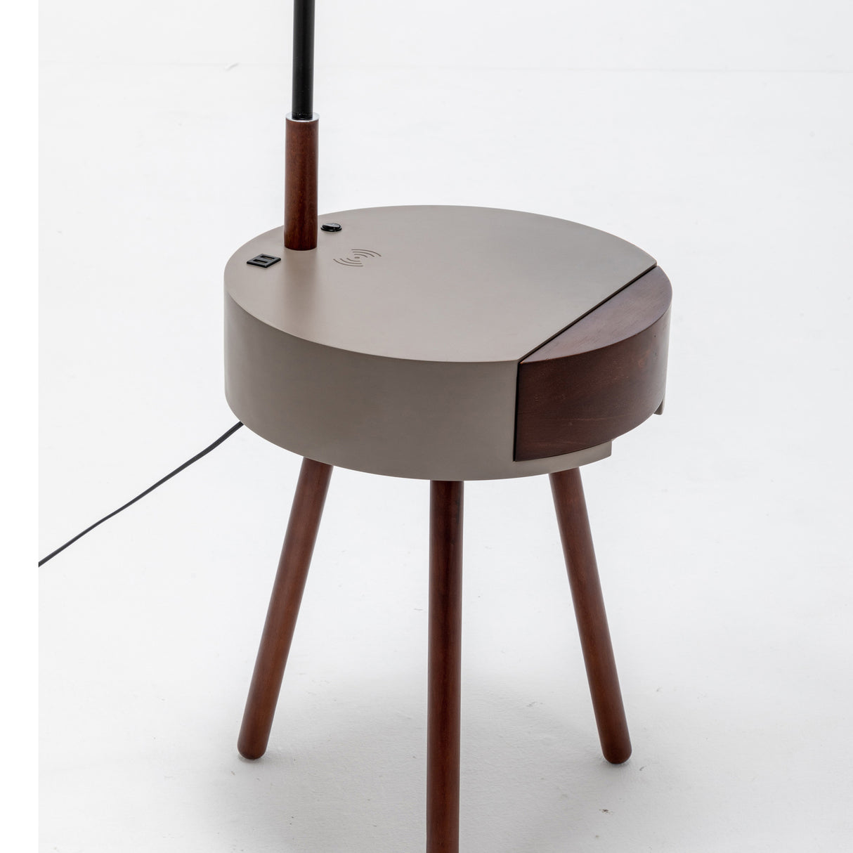 Tripod floor lamp with storage drawer, USB charger and off white linen shade