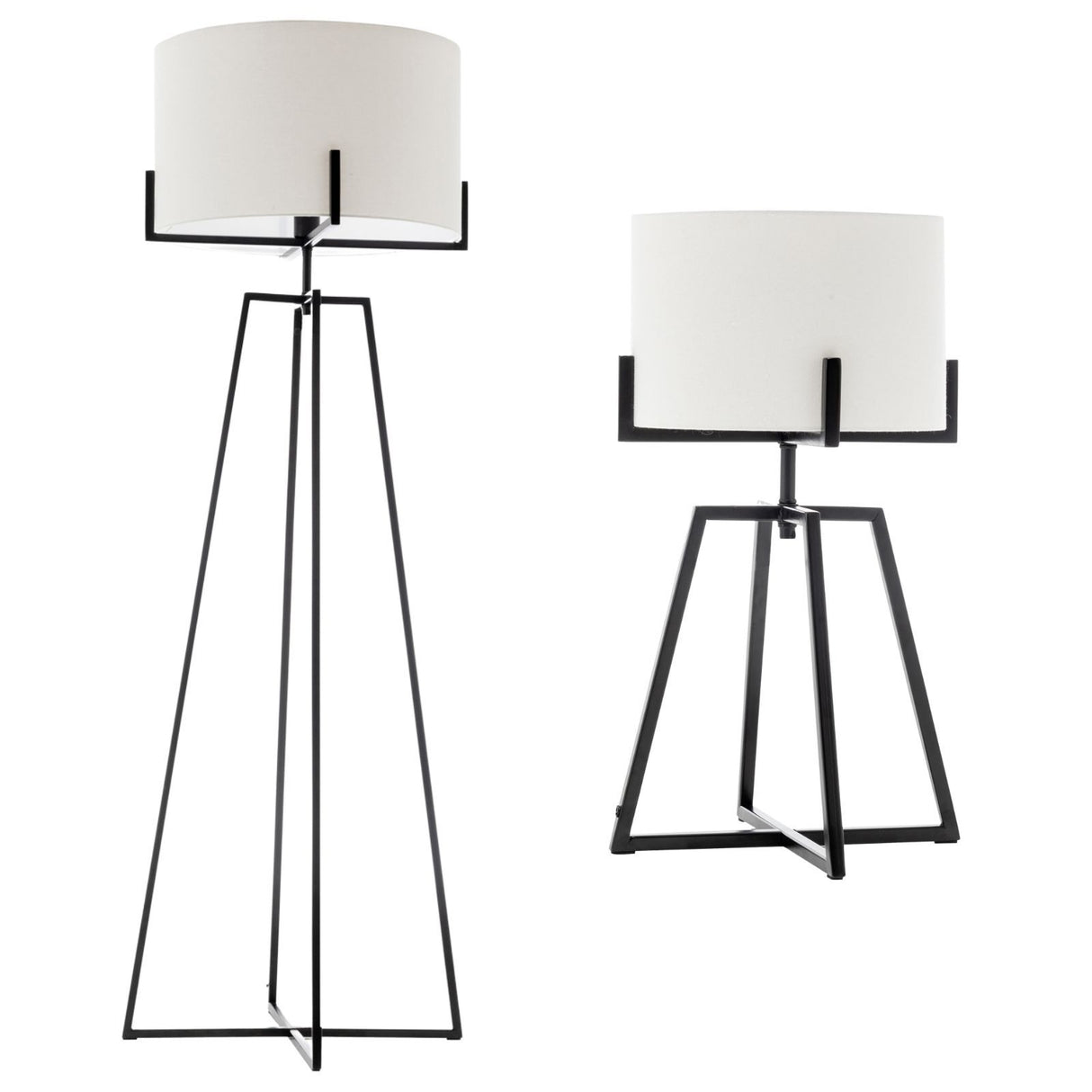 Matte black floor lamp and table lamp set with cream linen shades - view 2