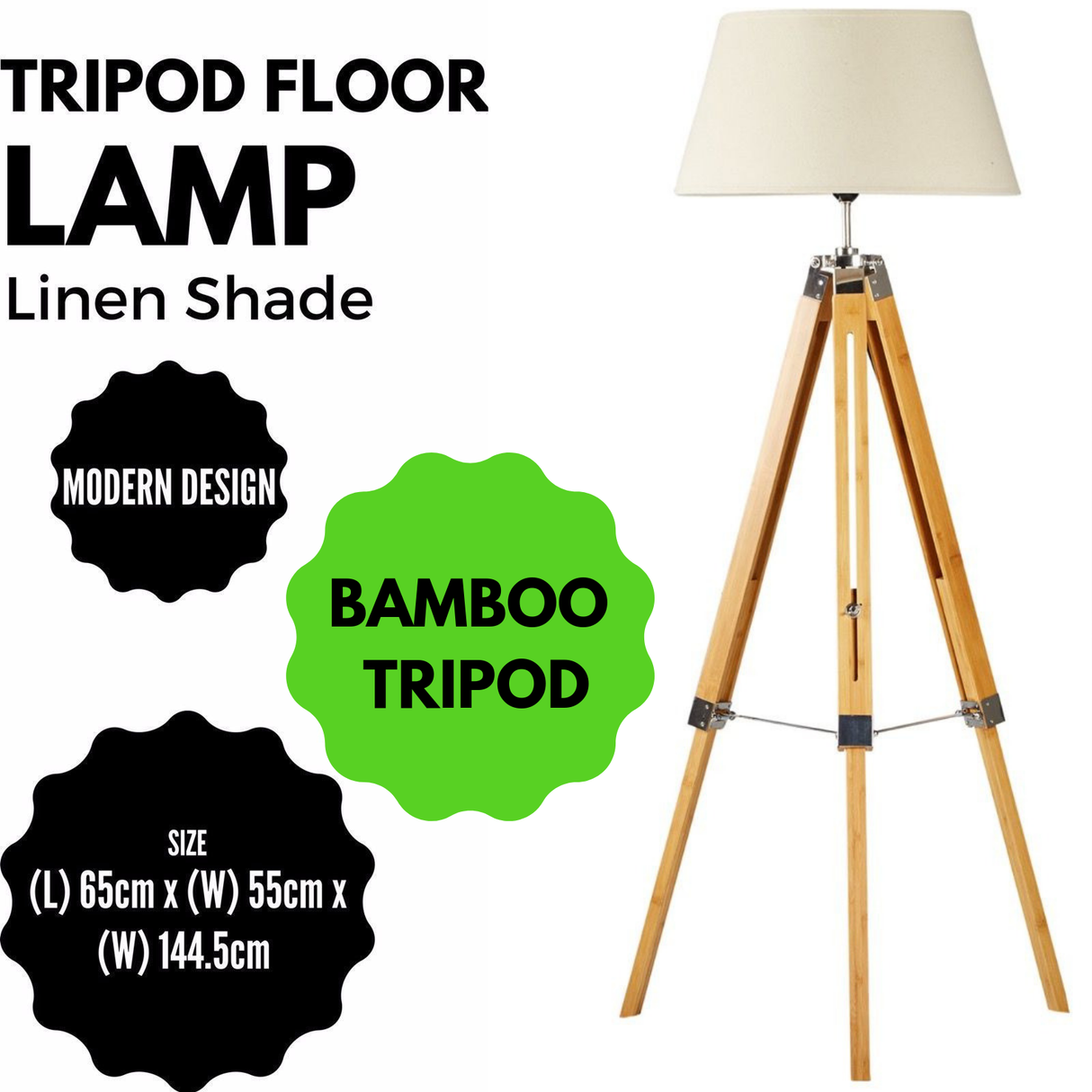 Bamboo tripod floor lamp with beige linen shade
