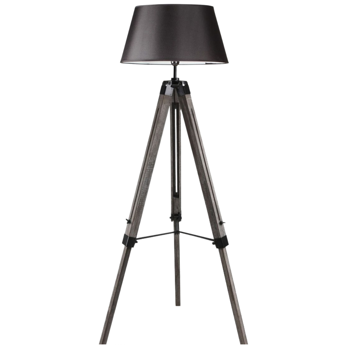 Large Tripod Floor Lamp Wooden with Black Linen Shade