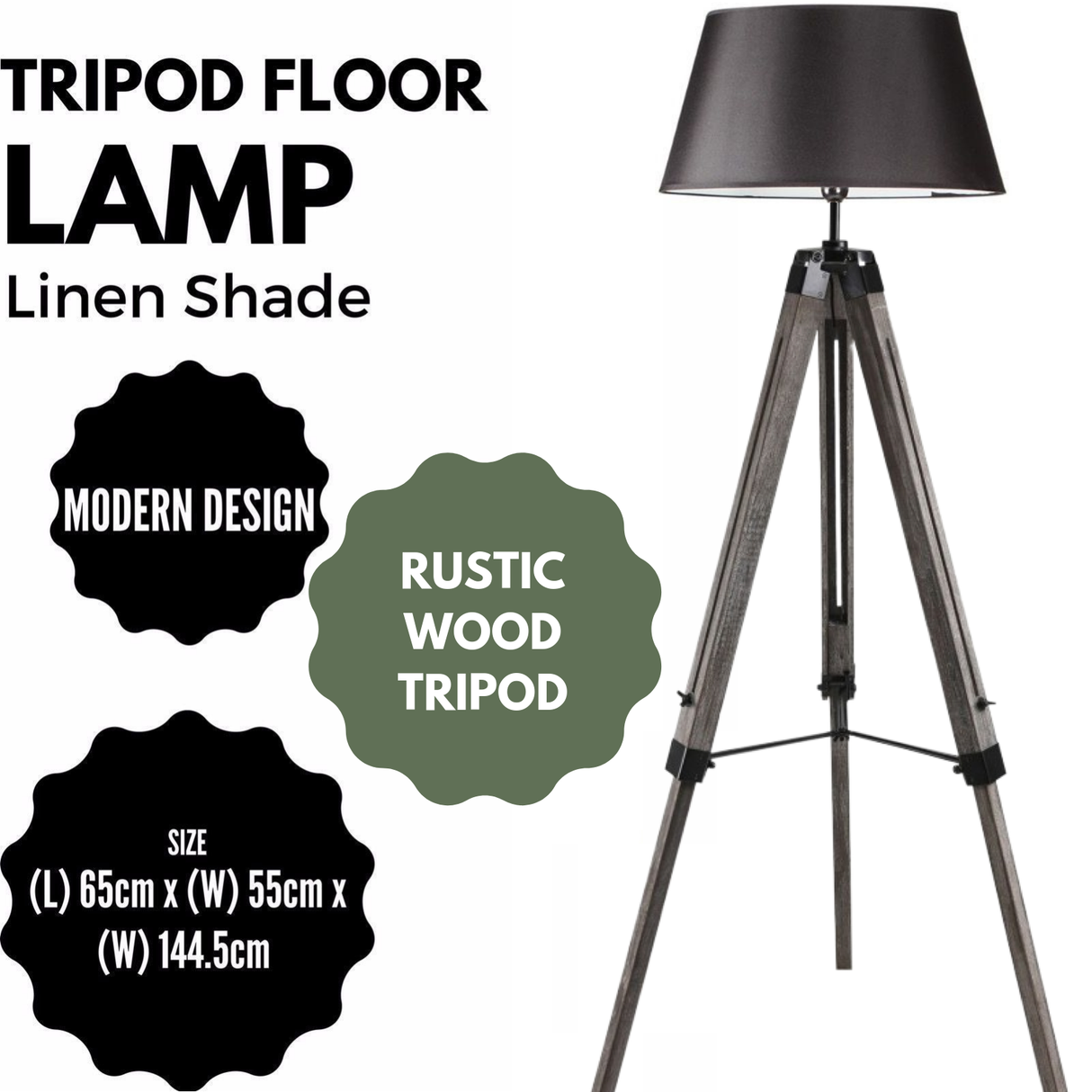 Large Tripod Floor Lamp Wooden with Black Linen Shade
