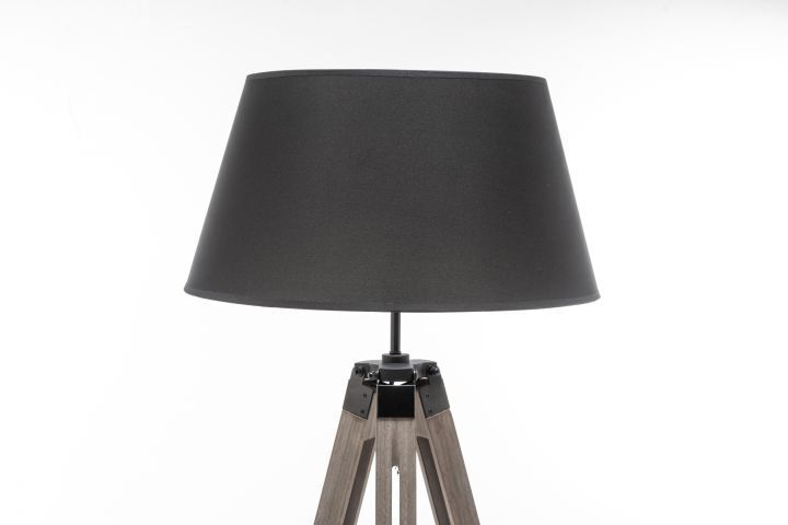 Large Tripod Floor Lamp Wooden with Black Linen Shade
