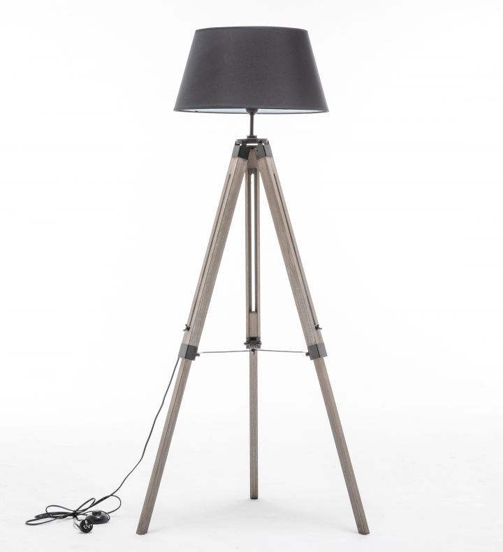 Large Tripod Floor Lamp Wooden with Black Linen Shade