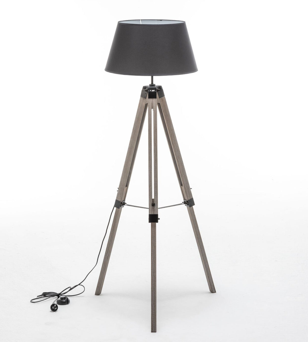 Large Tripod Floor Lamp Wooden with Black Linen Shade