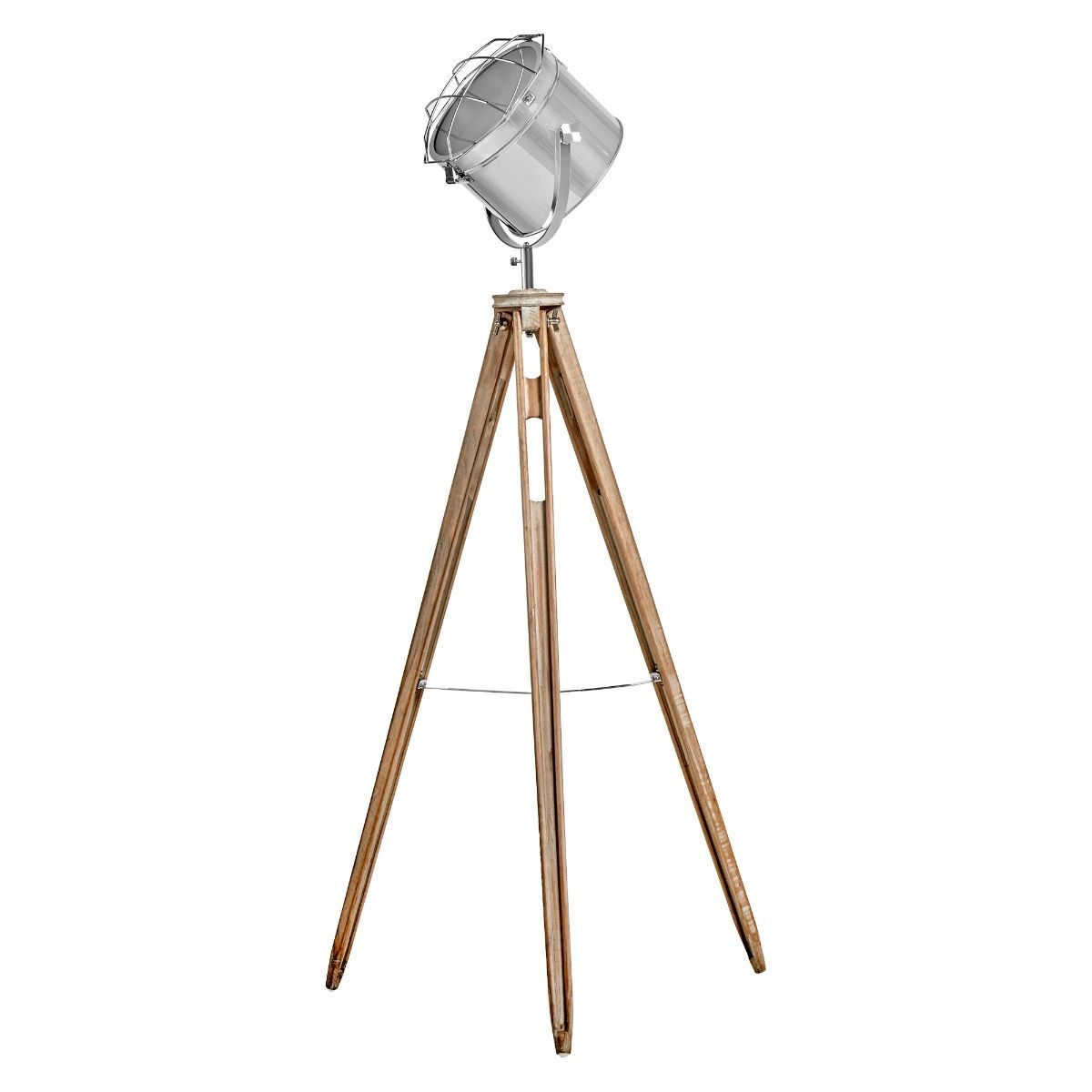 Nautical tripod floor lamp with chrome spotlight head and white washed pine base