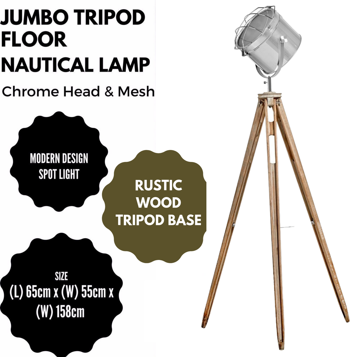 Nautical tripod floor lamp with chrome spotlight head and white washed pine base