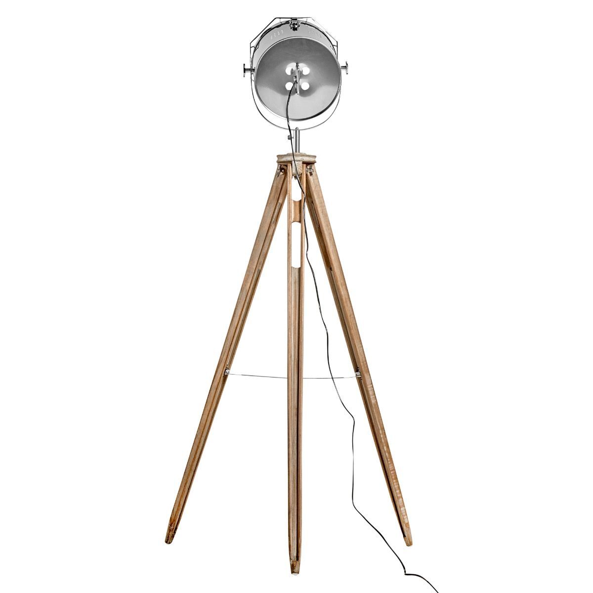 Nautical tripod floor lamp with chrome spotlight head and white washed pine base
