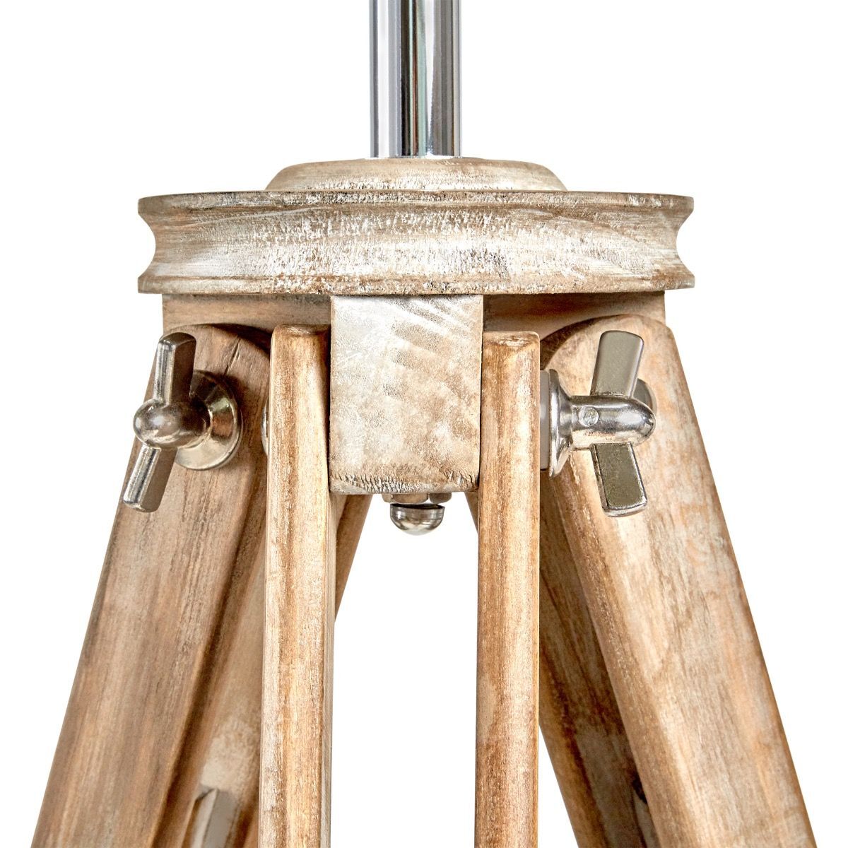 Nautical tripod floor lamp with chrome spotlight head and white washed pine base
