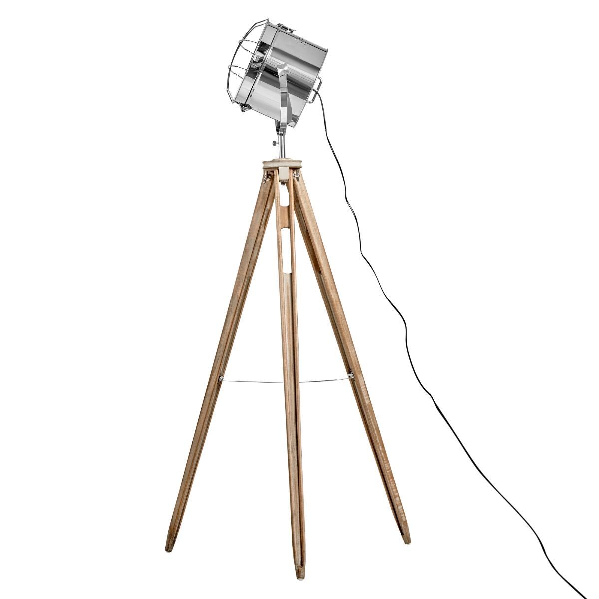 Nautical tripod floor lamp with chrome spotlight head and white washed pine base