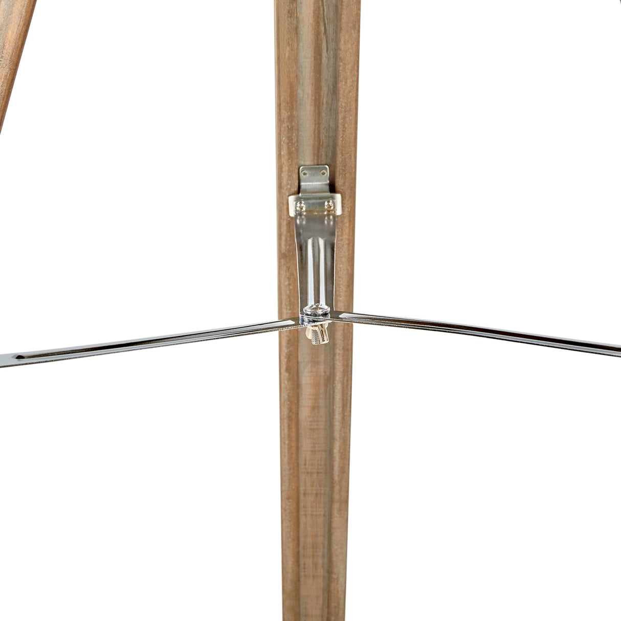Nautical tripod floor lamp with chrome spotlight head and white washed pine base