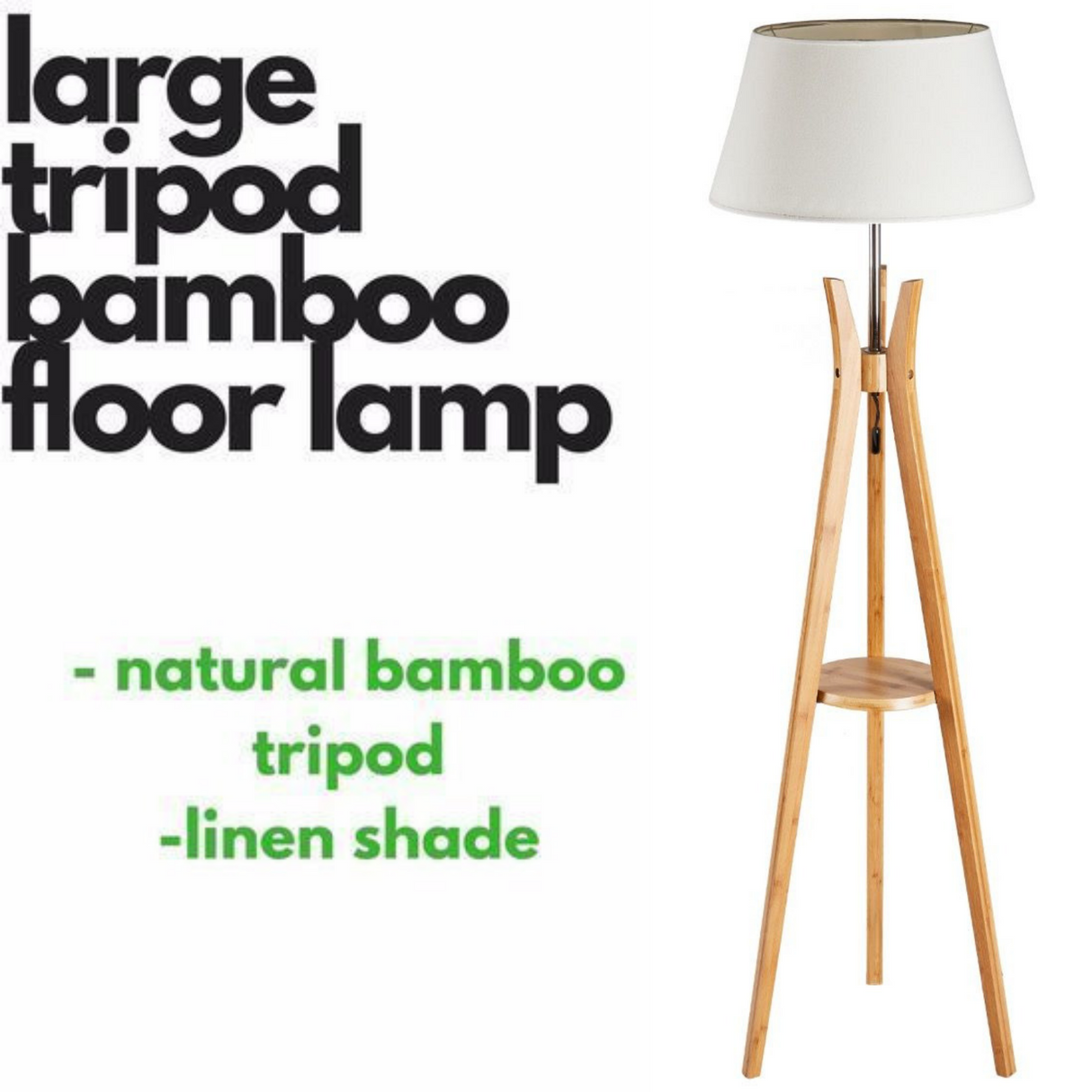 Bamboo tripod floor lamp with washed white linen shade