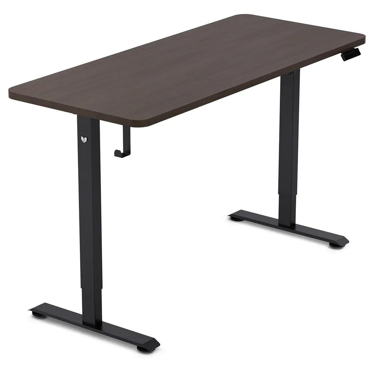 Reid walnut electric standing desk with black frame in a home office
