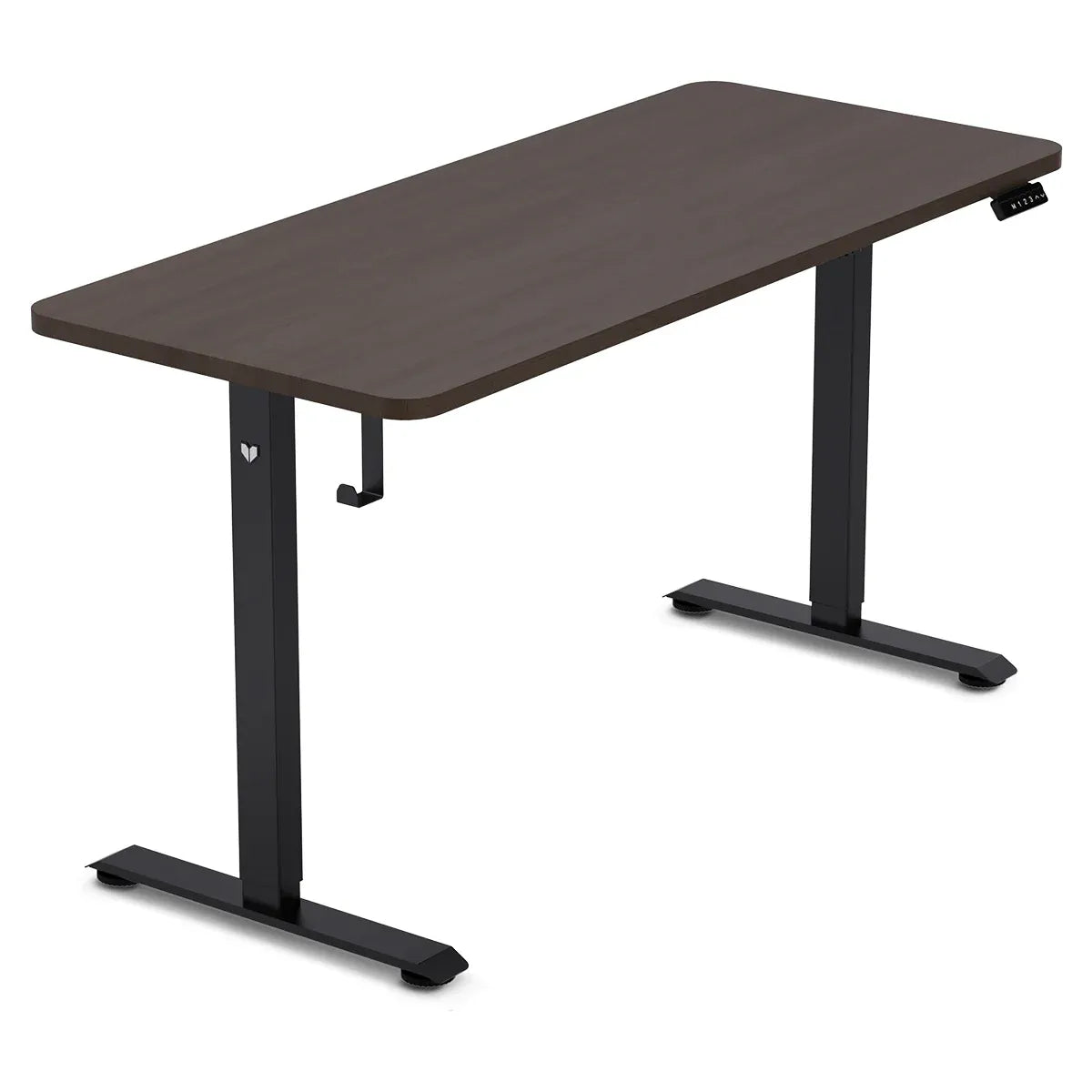 Reid walnut electric standing desk with black frame in a home office