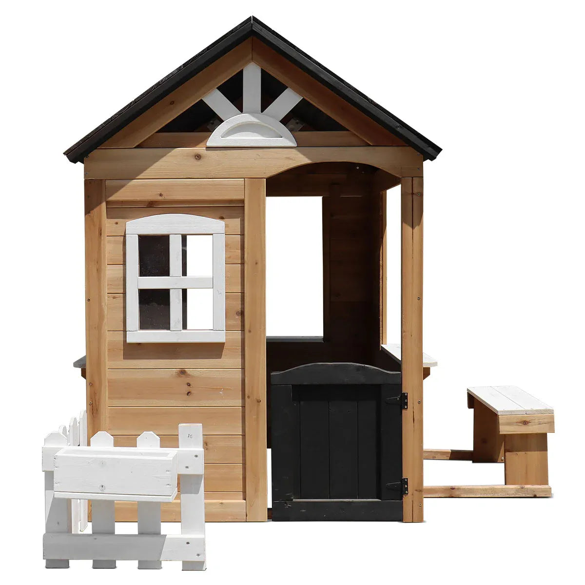 Natural timber cubby house with snack bench view 1