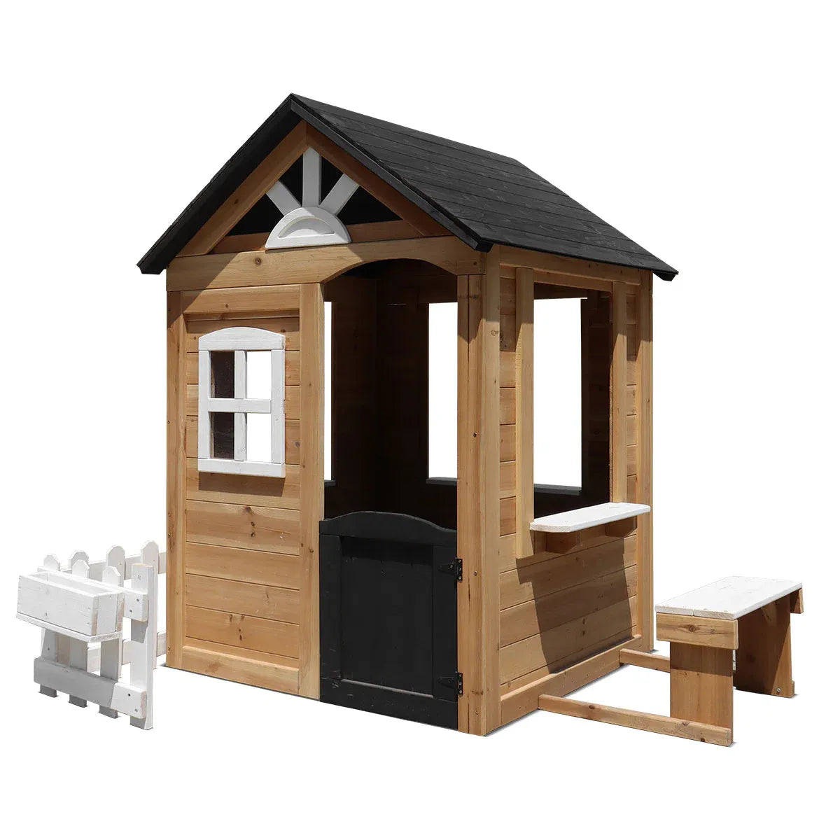 Natural timber cubby house with snack bench view 2
