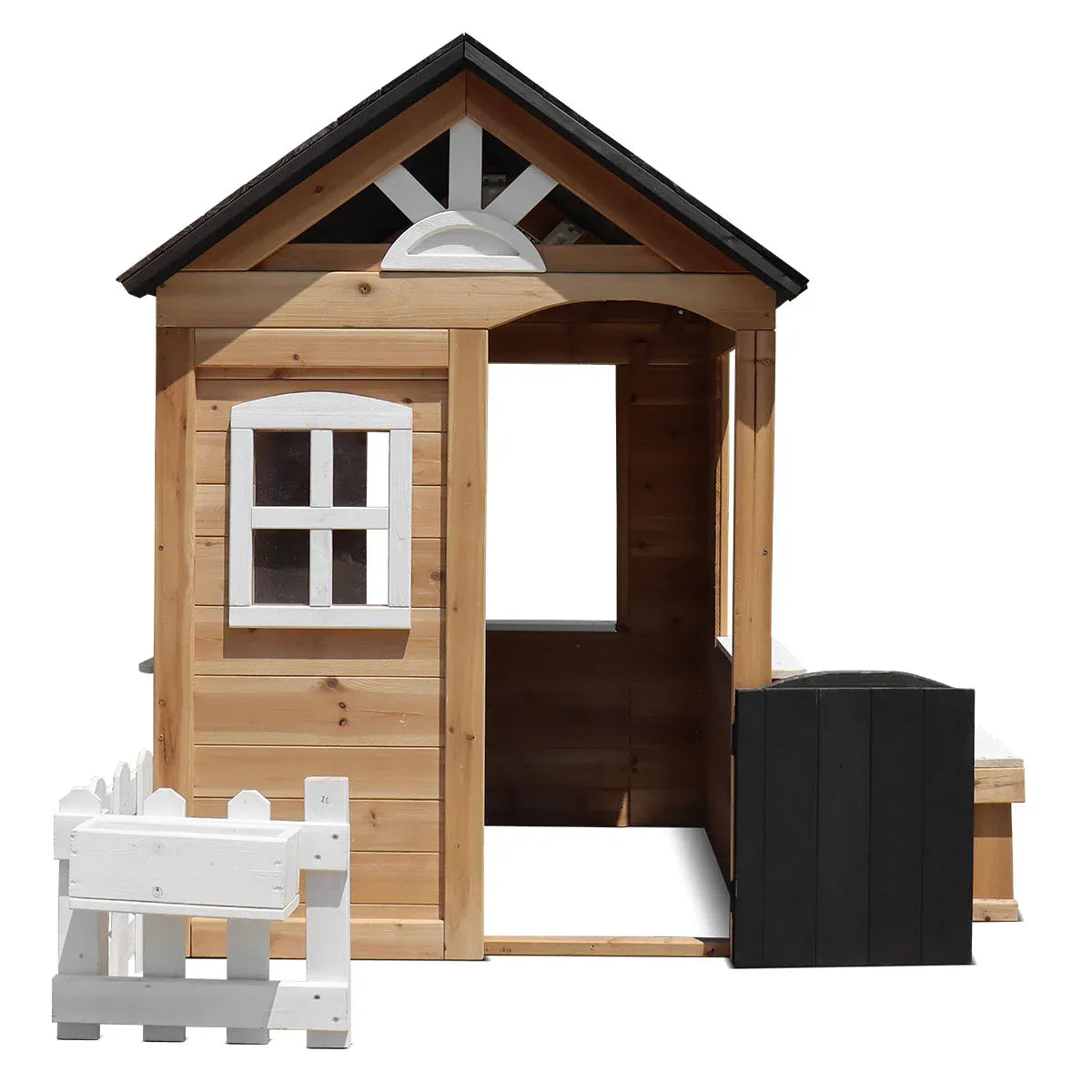 Natural timber cubby house with snack bench view 3