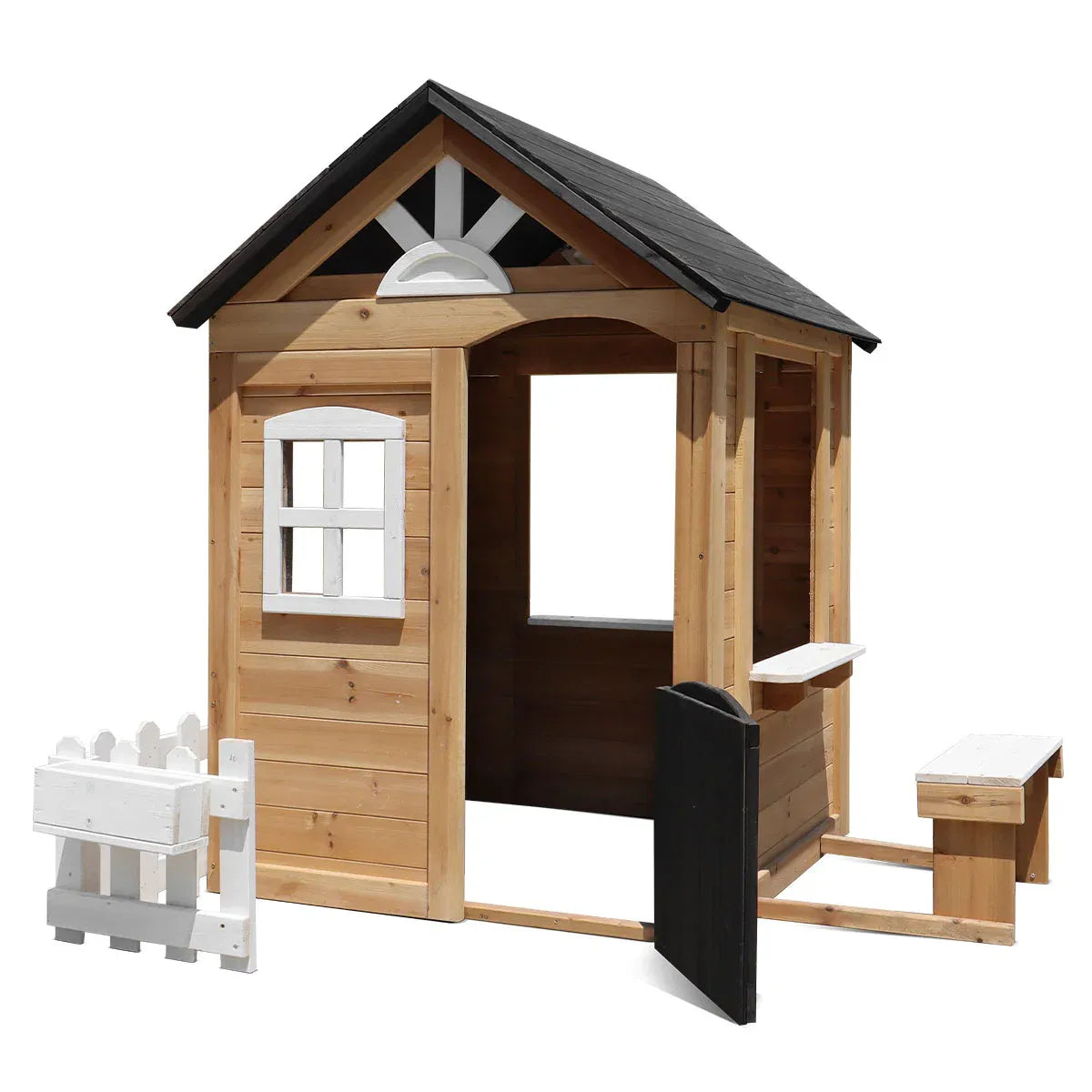 Natural timber cubby house with snack bench view 4