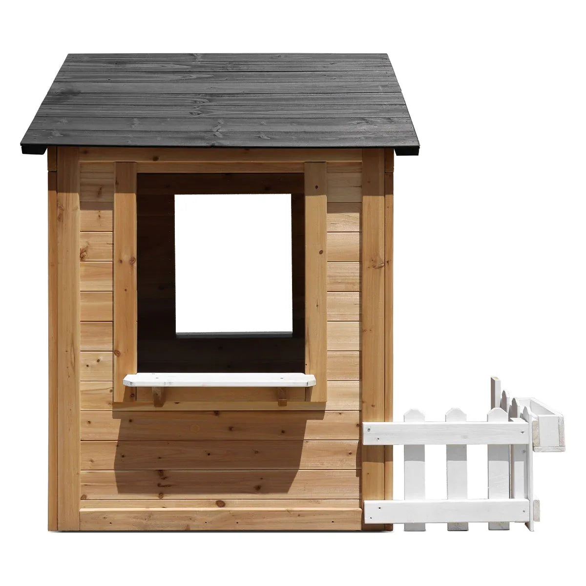 Natural timber cubby house with snack bench view 5