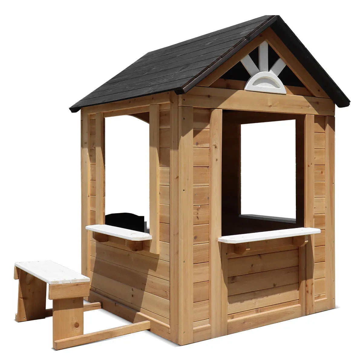 Natural timber cubby house with snack bench view 6