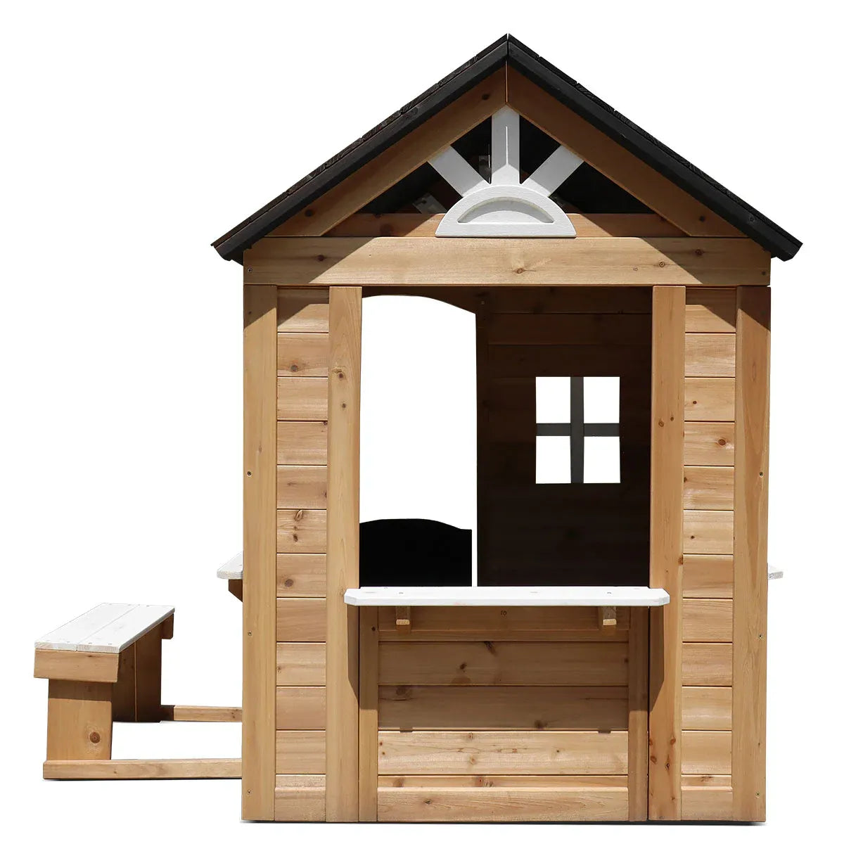 Natural timber cubby house with snack bench view 7