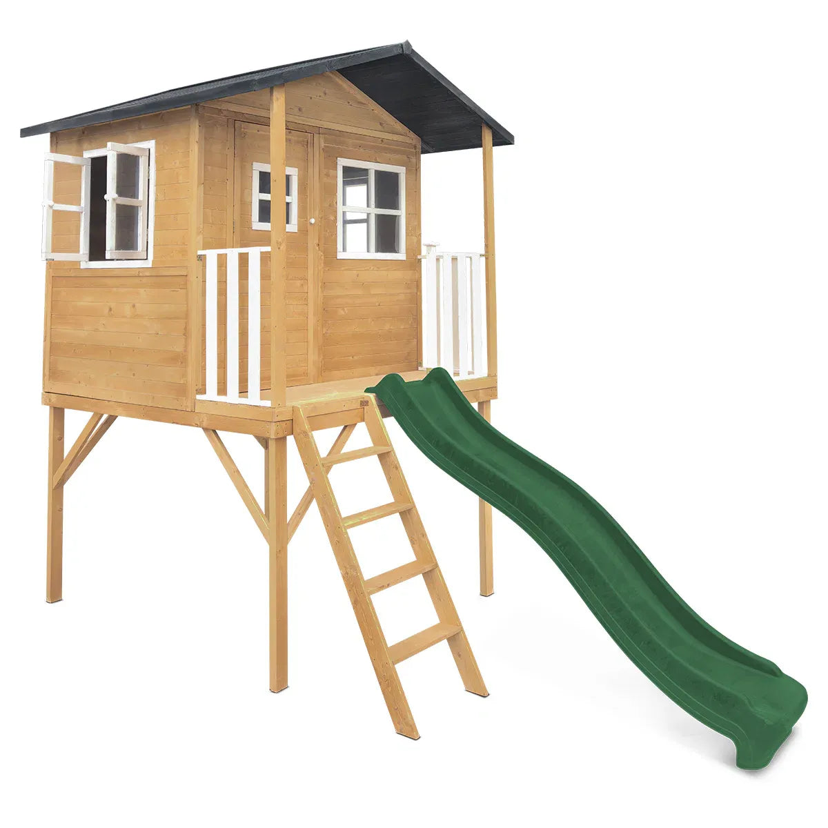 Kids Wooden Cubby House with 2.2m Slide, Green