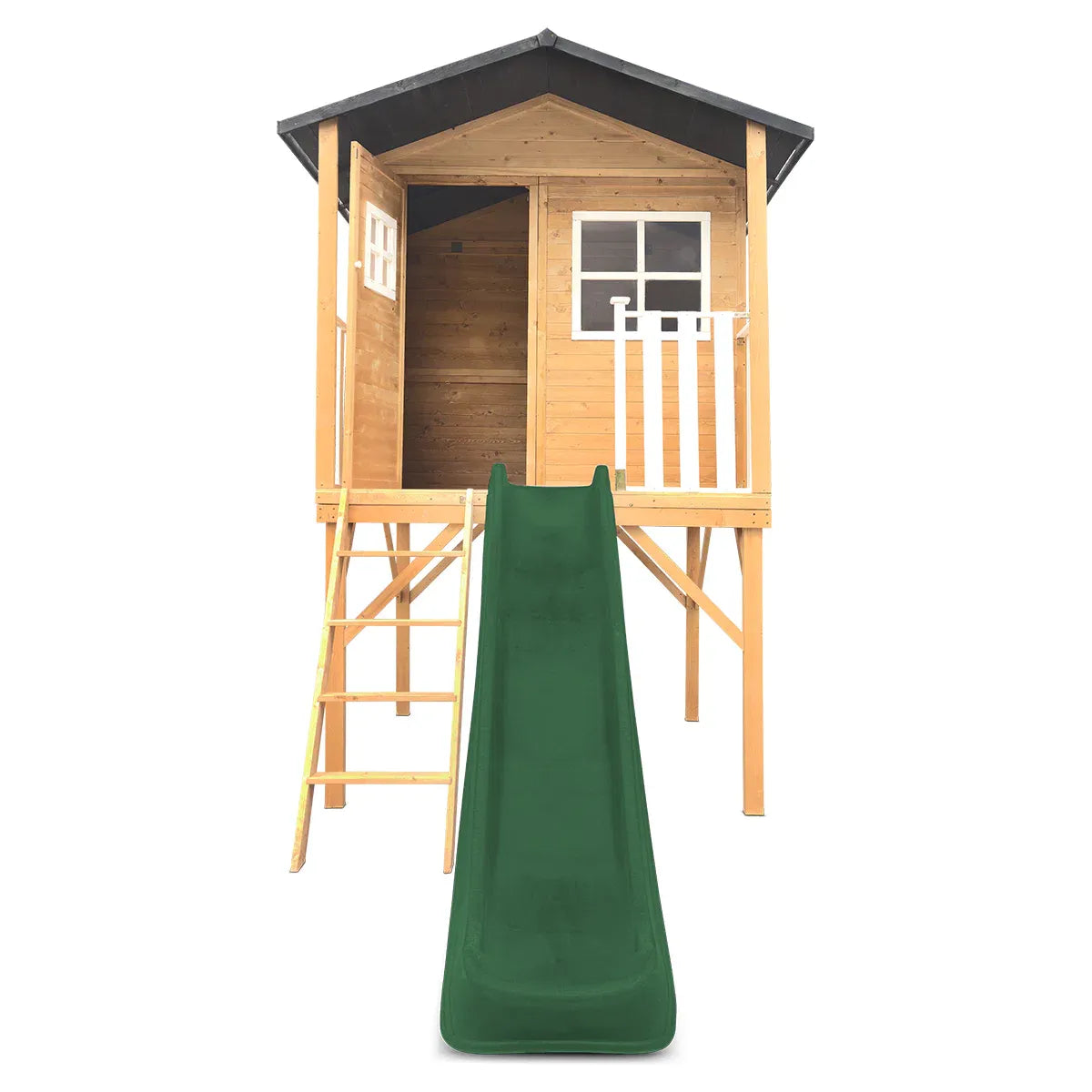 Kids Wooden Cubby House with 2.2m Slide, Green