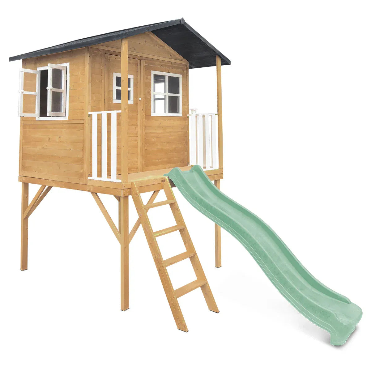 Kids Wooden Cubby House with 2.2m Slide, Pastel Green