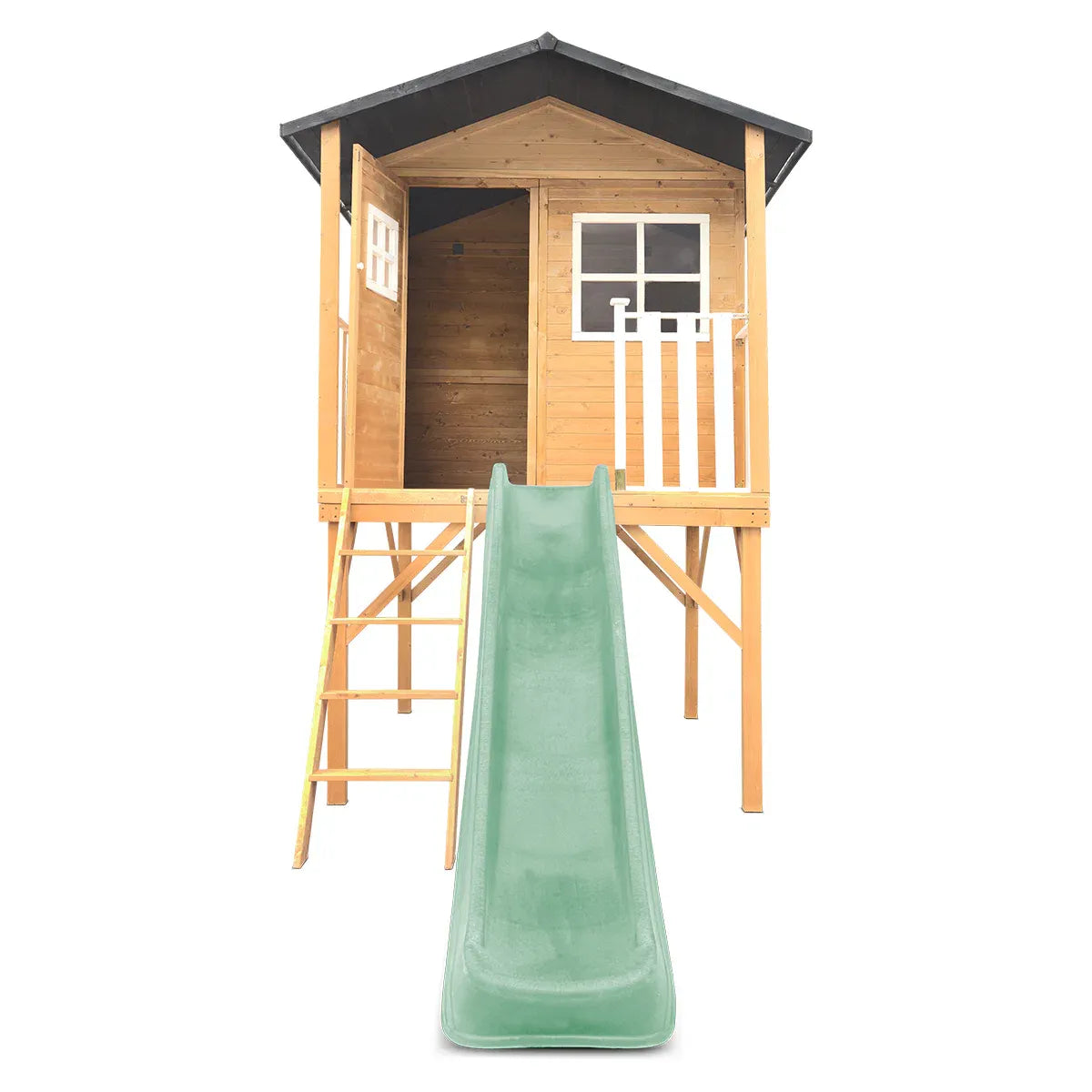 Kids Wooden Cubby House with 2.2m Slide, Pastel Green
