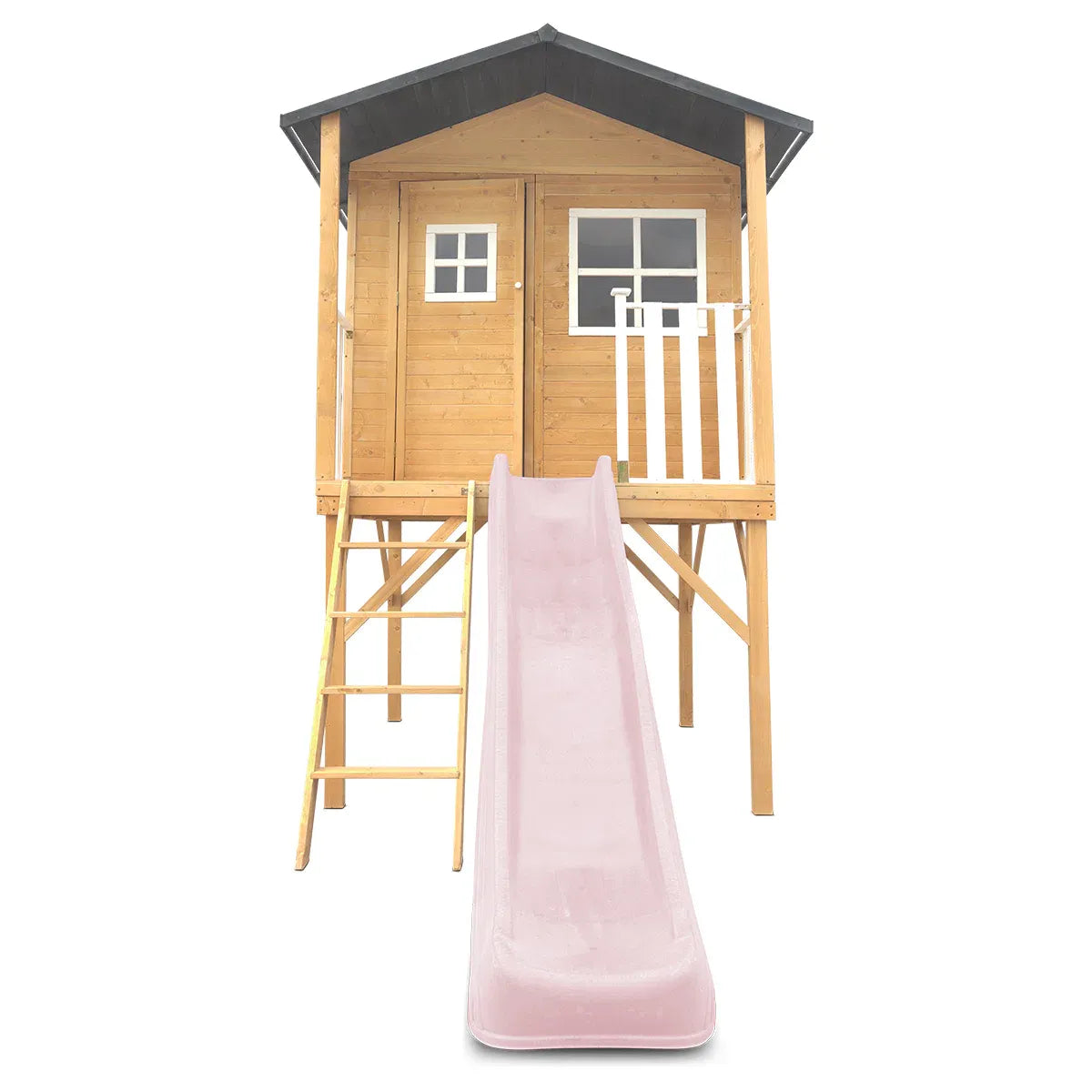 Kids Wooden Cubby House with 2.2m Slide, Pastel Pink