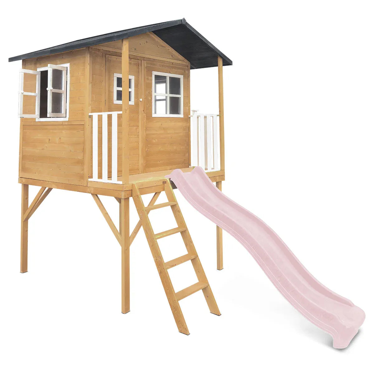 Kids Wooden Cubby House with 2.2m Slide, Pastel Pink