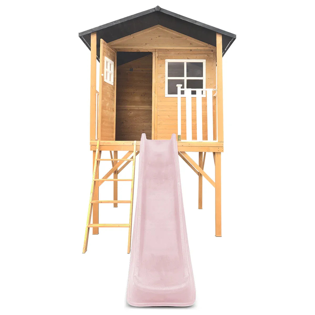 Kids Wooden Cubby House with 2.2m Slide, Pastel Pink