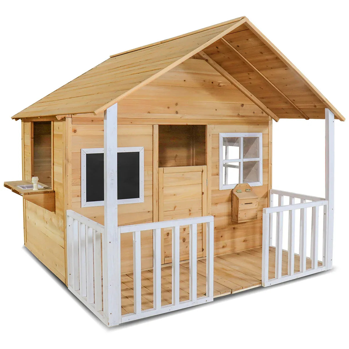 Wooden Cubby House with Veranda and Flower Bed