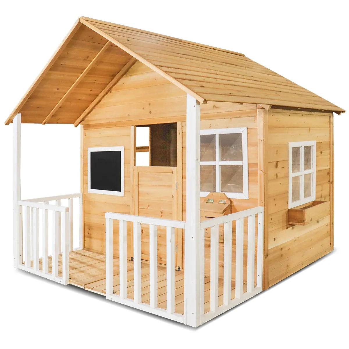Wooden Cubby House with Veranda, Letterbox and Flower Bed