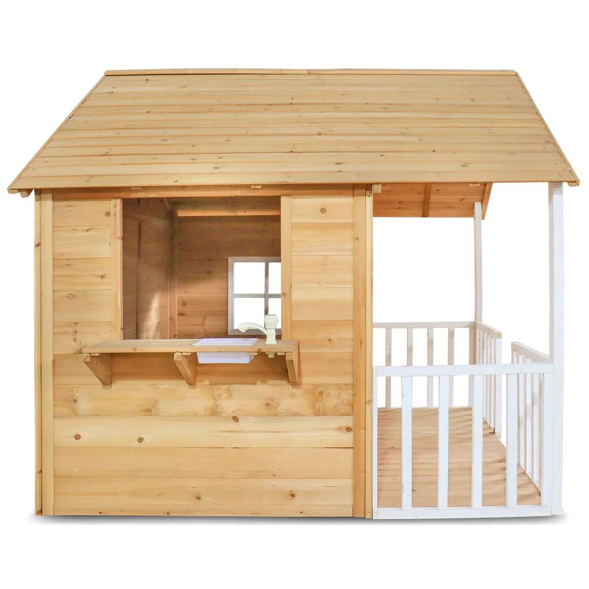 Wooden Cubby House with Veranda, Letterbox and Flower Bed