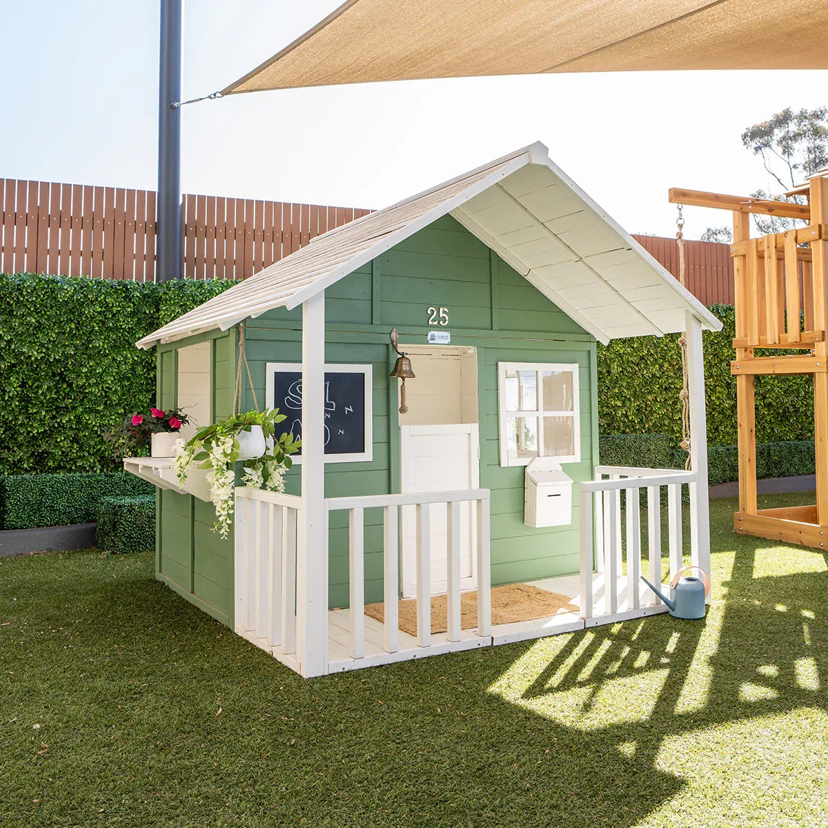 Wooden Cubby House with Veranda, Letterbox and Flower Bed
